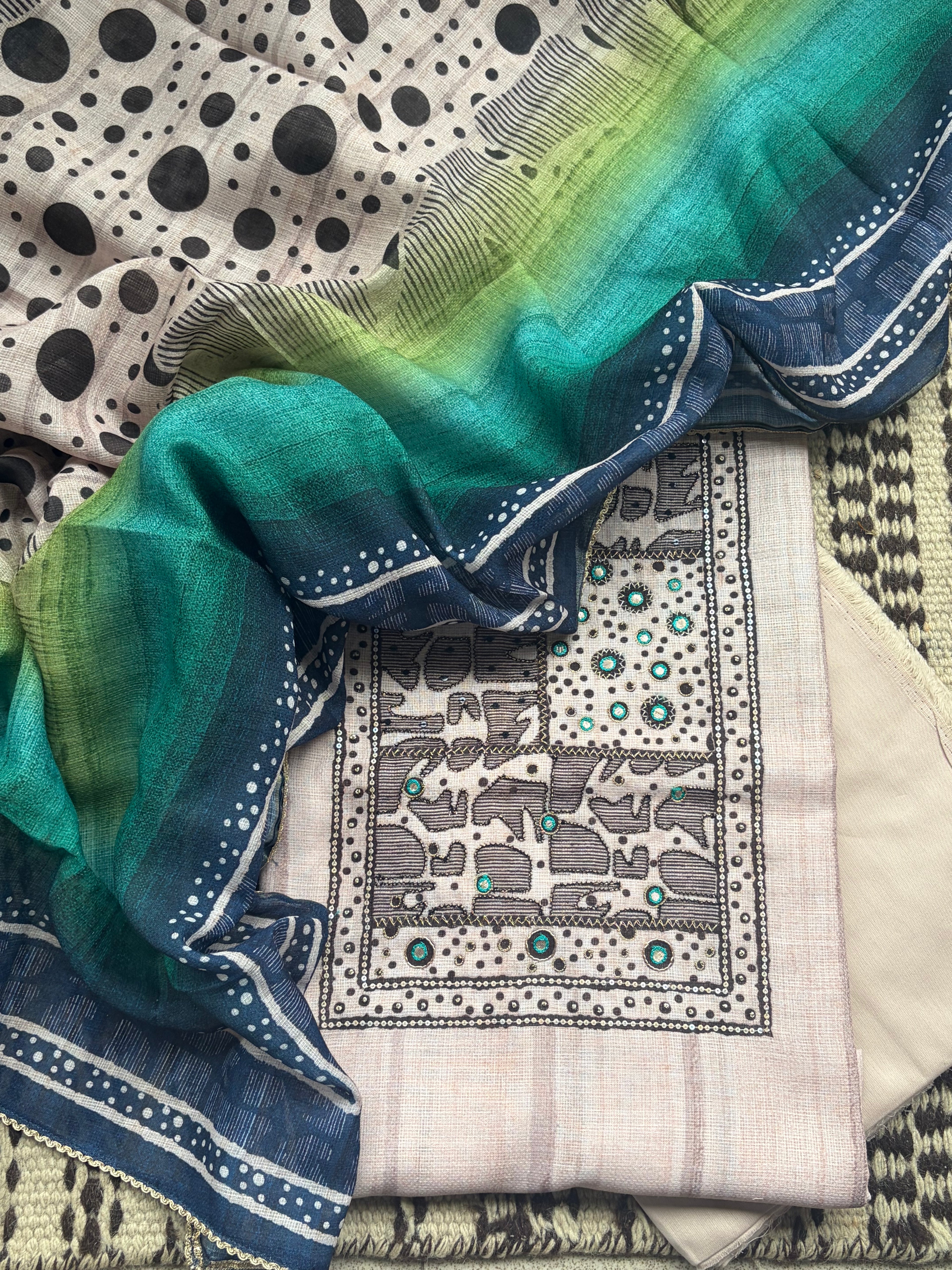 Linen Maheshwari Soft Unstitched Suit Set with Vibrant Contrast Dupatta