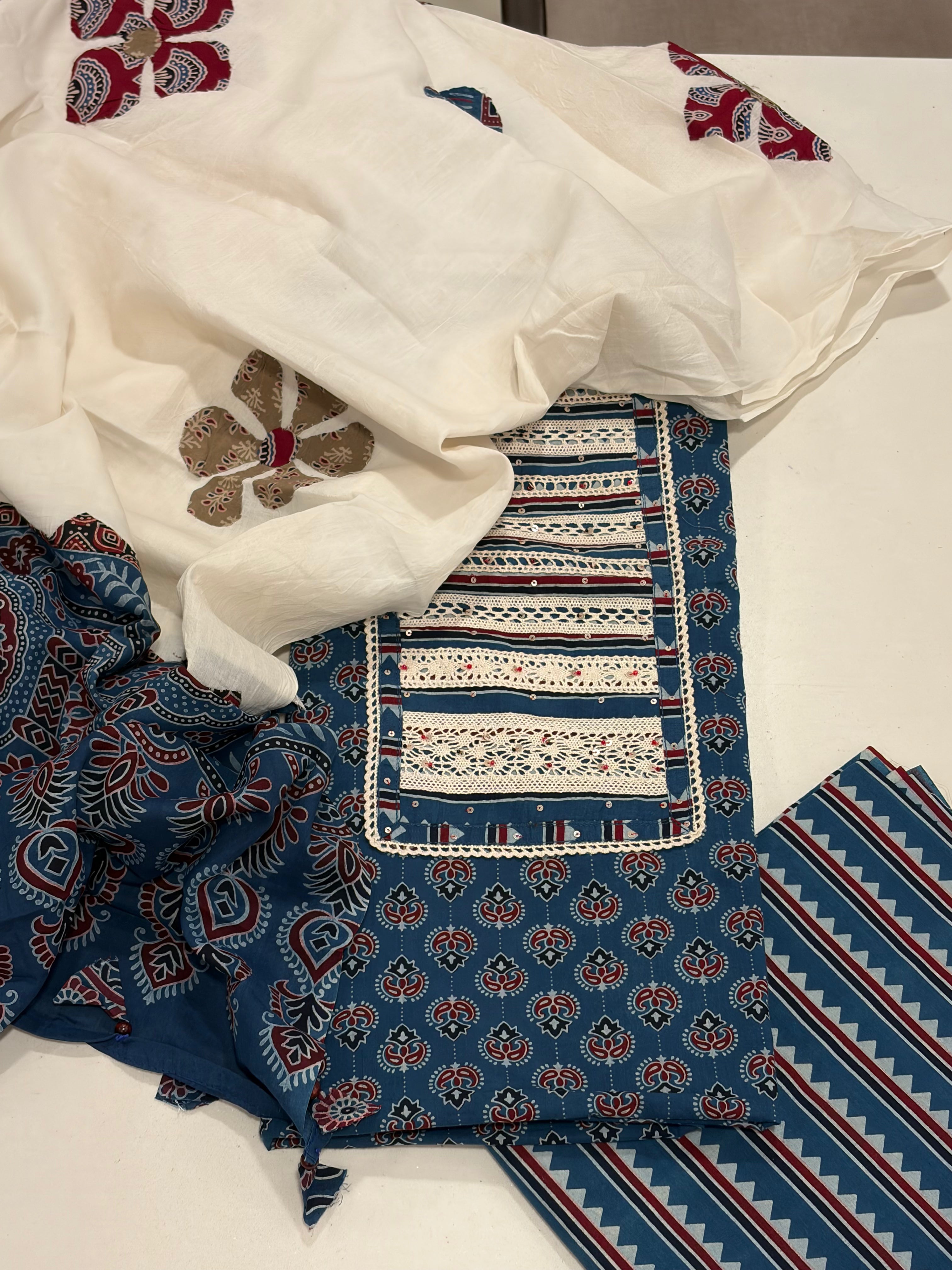Premium Pure Cotton Ajrakh Suit Set with Appliqué Work Dupatta – Timeless Artisan Elegance