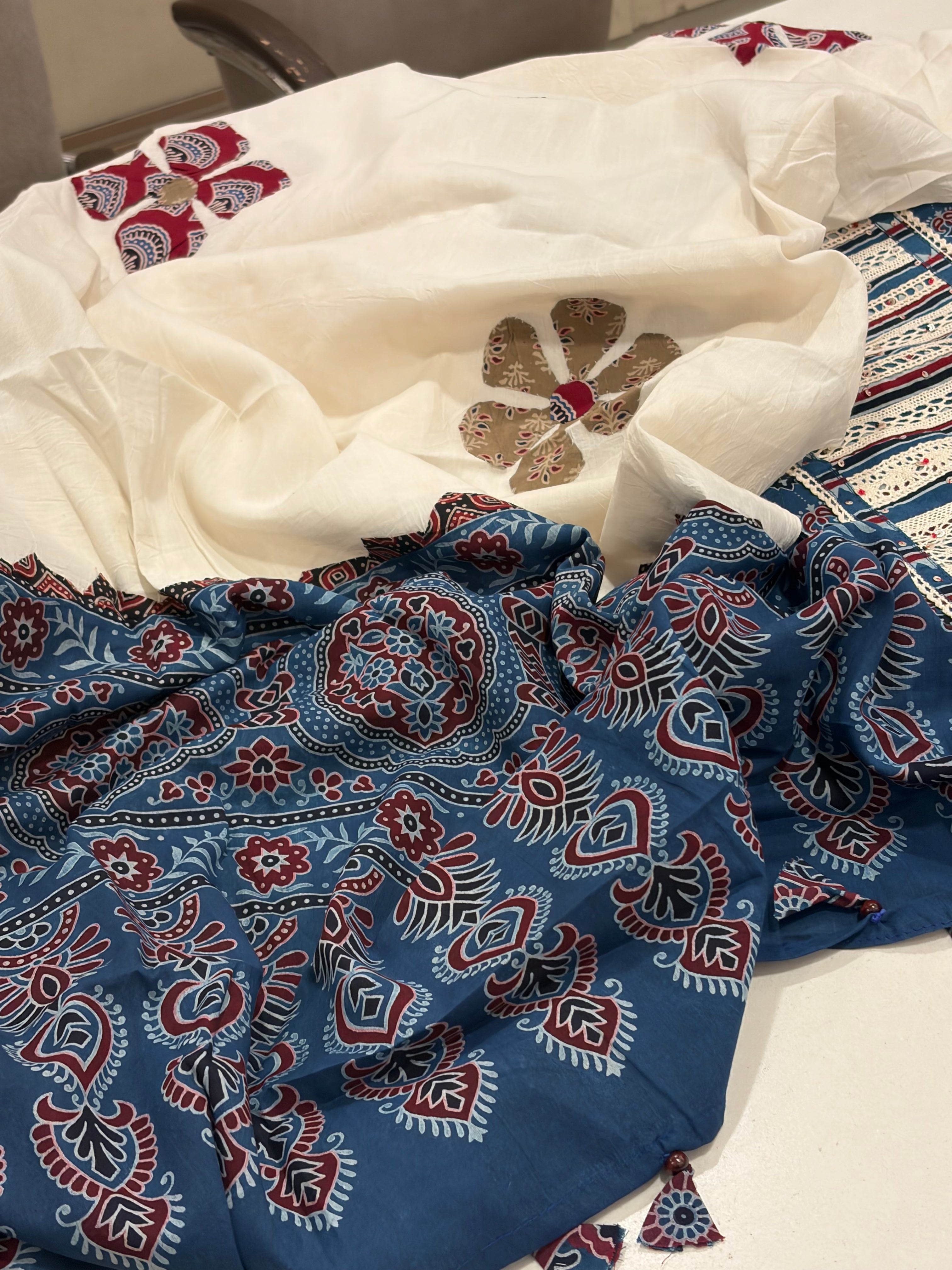 Premium Pure Cotton Ajrakh Suit Set with Appliqué Work Dupatta – Timeless Artisan Elegance