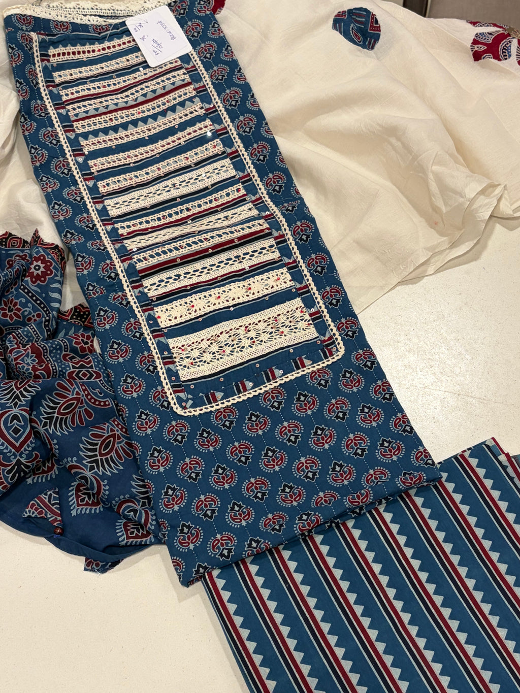 Premium Pure Cotton Ajrakh Suit Set with Appliqué Work Dupatta – Timeless Artisan Elegance