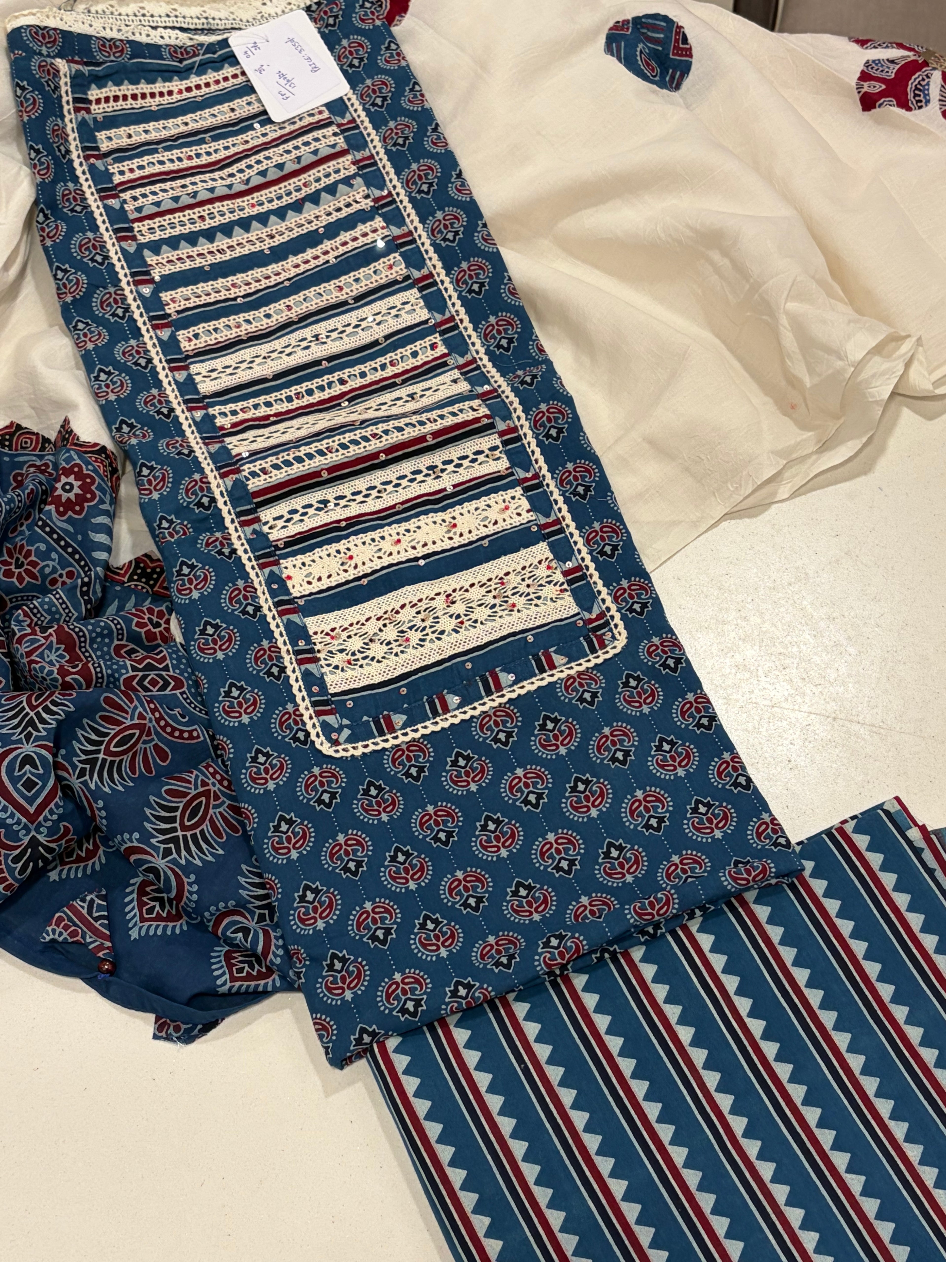 Premium Pure Cotton Ajrakh Suit Set with Appliqué Work Dupatta – Timeless Artisan Elegance