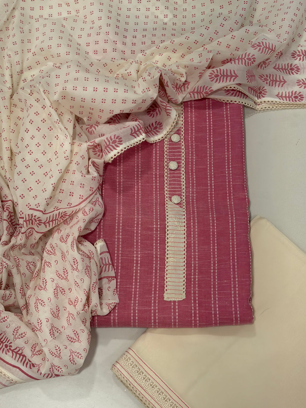 Premium Hand Block Print Cotton Suit Set with Lace Detailing – Blush Pink Charm