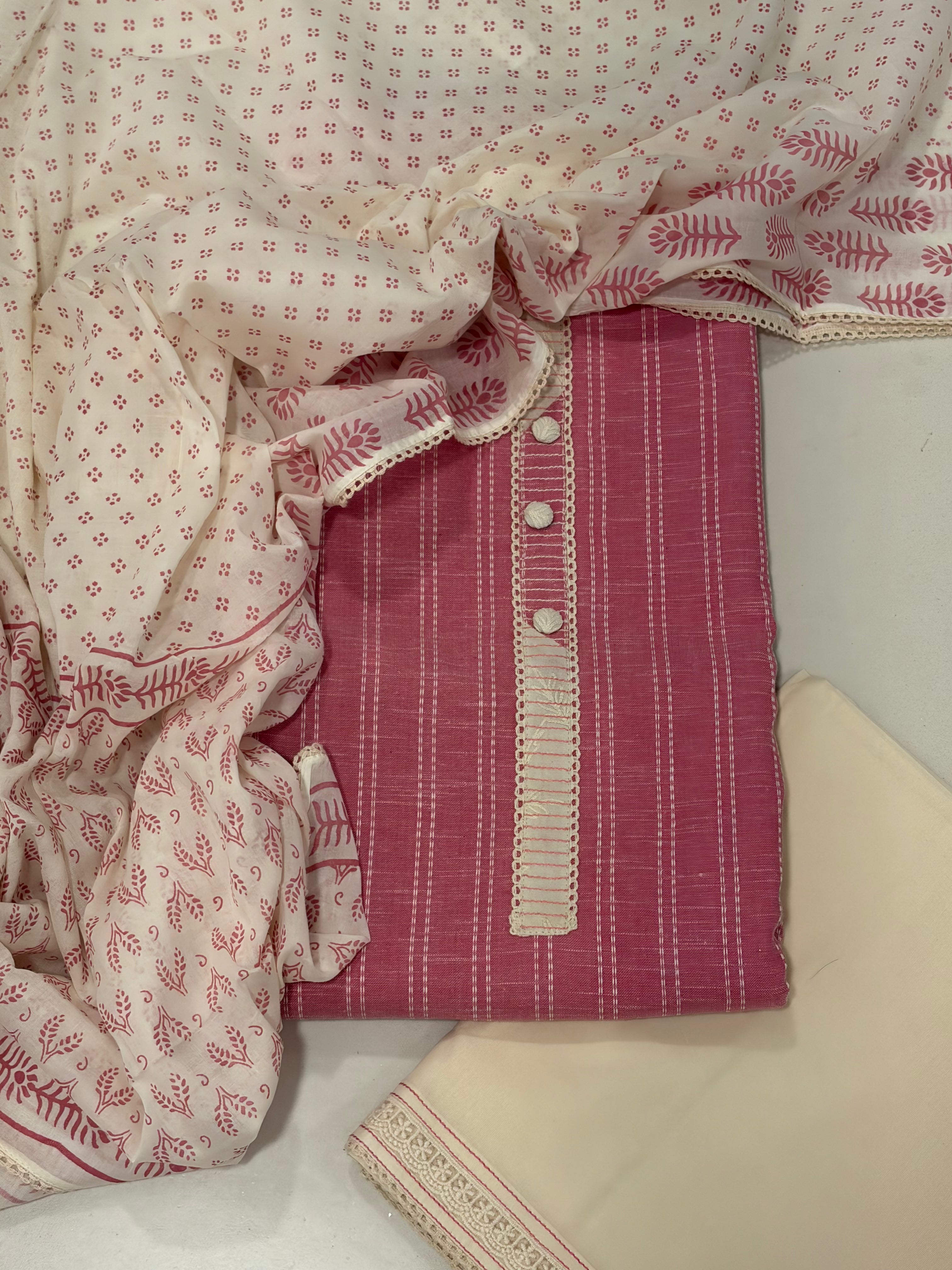 Premium Hand Block Print Cotton Suit Set with Lace Detailing – Blush Pink Charm