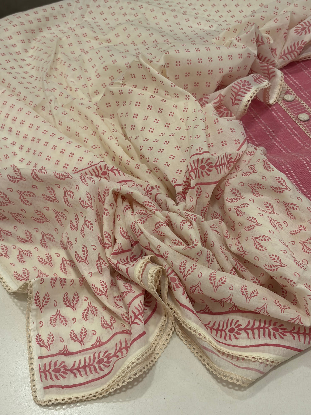 Premium Hand Block Print Cotton Suit Set with Lace Detailing – Blush Pink Charm