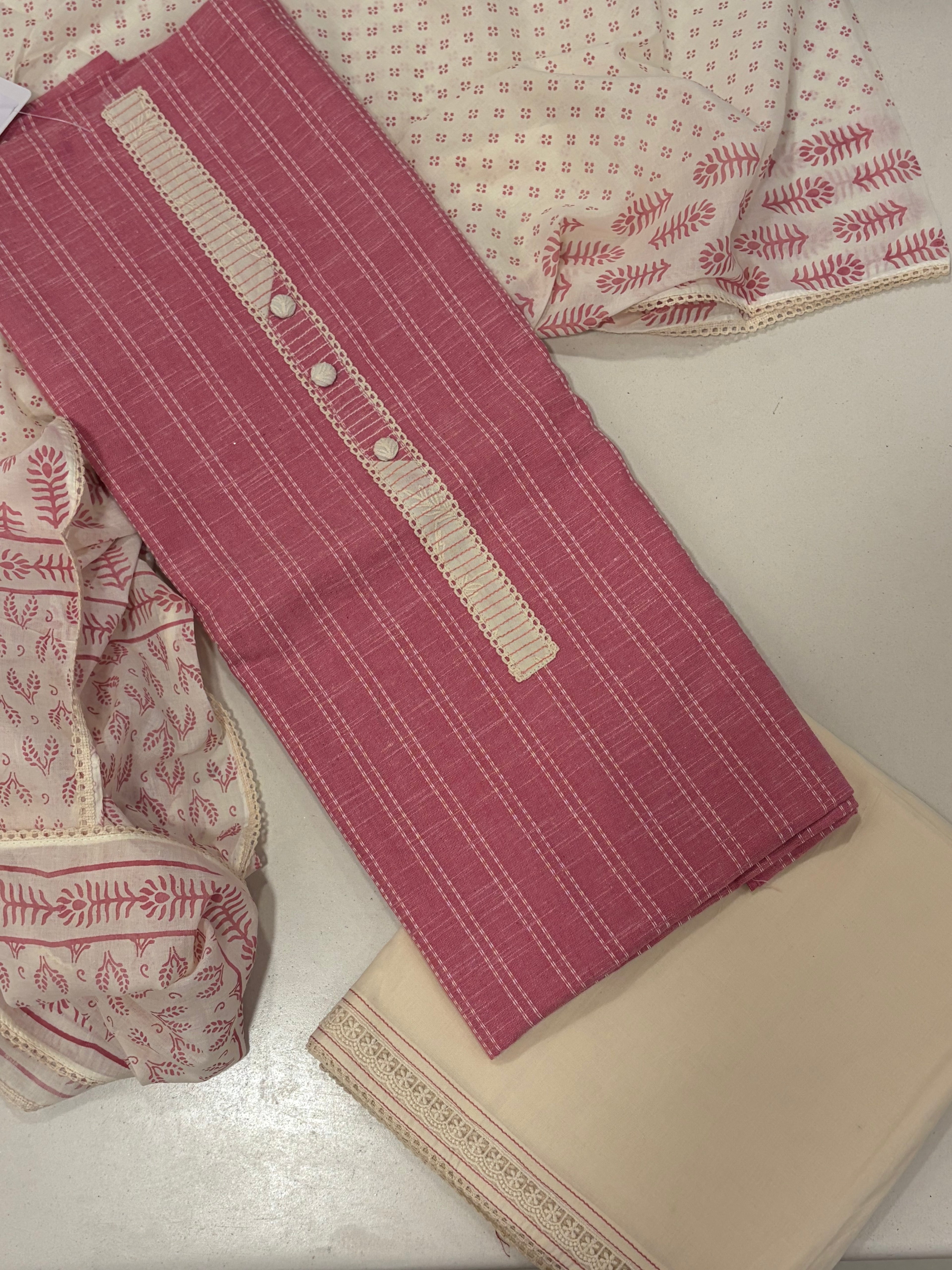 Premium Hand Block Print Cotton Suit Set with Lace Detailing – Blush Pink Charm