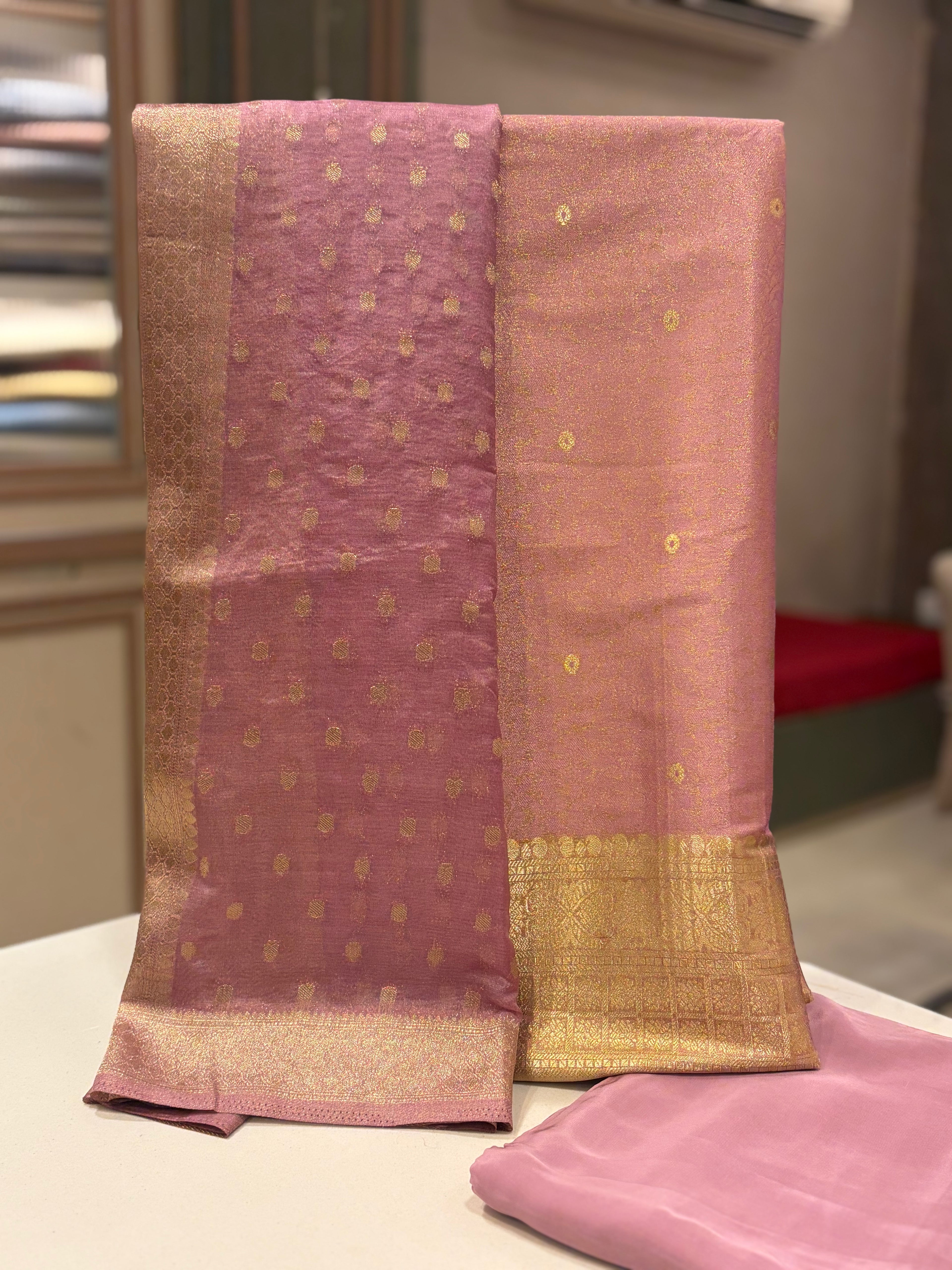 Pure Tanchoi Silk Suit Set with Handwoven Banarasi Dupatta – Dusty Rose Elegance