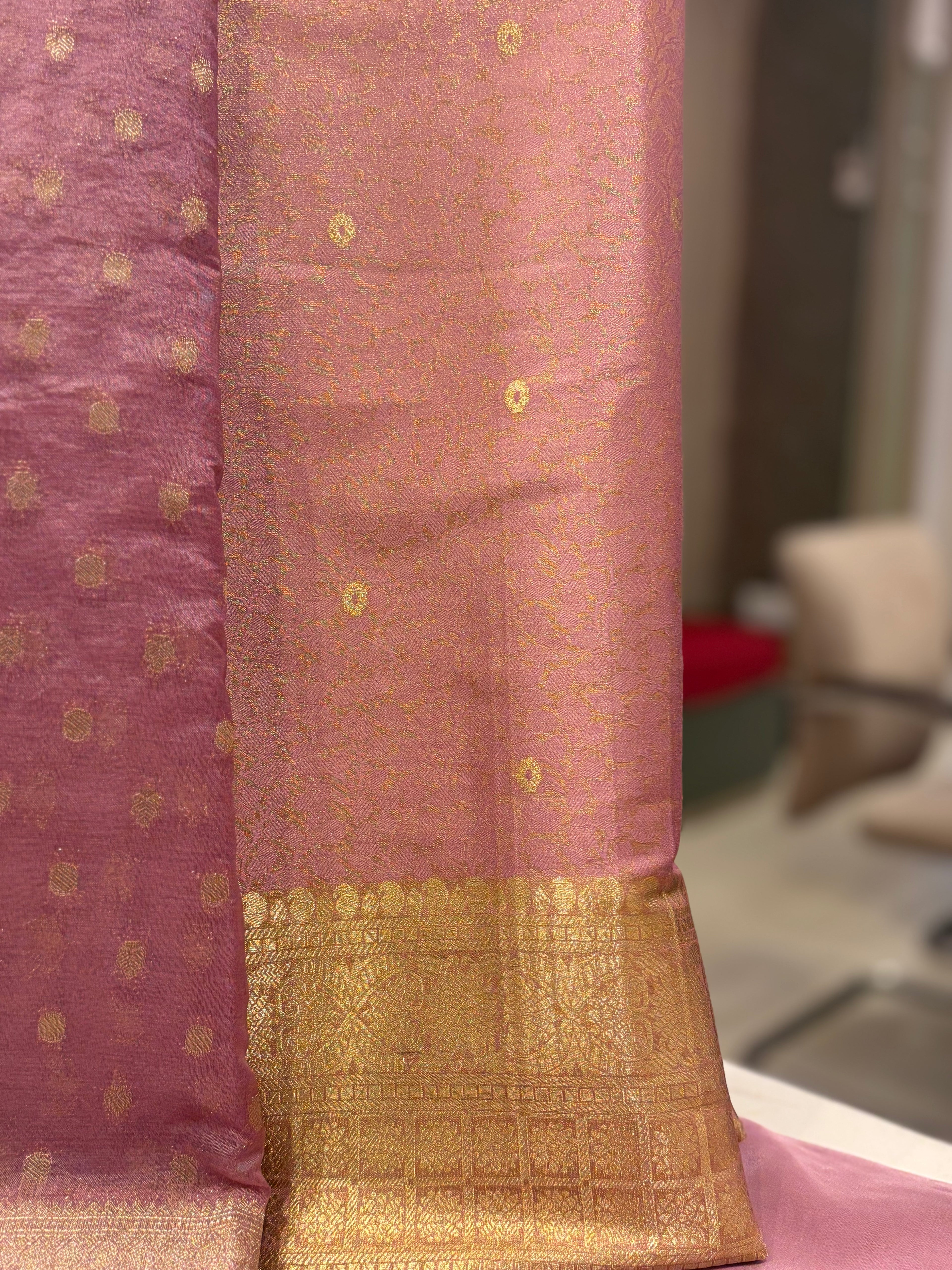 Pure Tanchoi Silk Suit Set with Handwoven Banarasi Dupatta – Dusty Rose Elegance