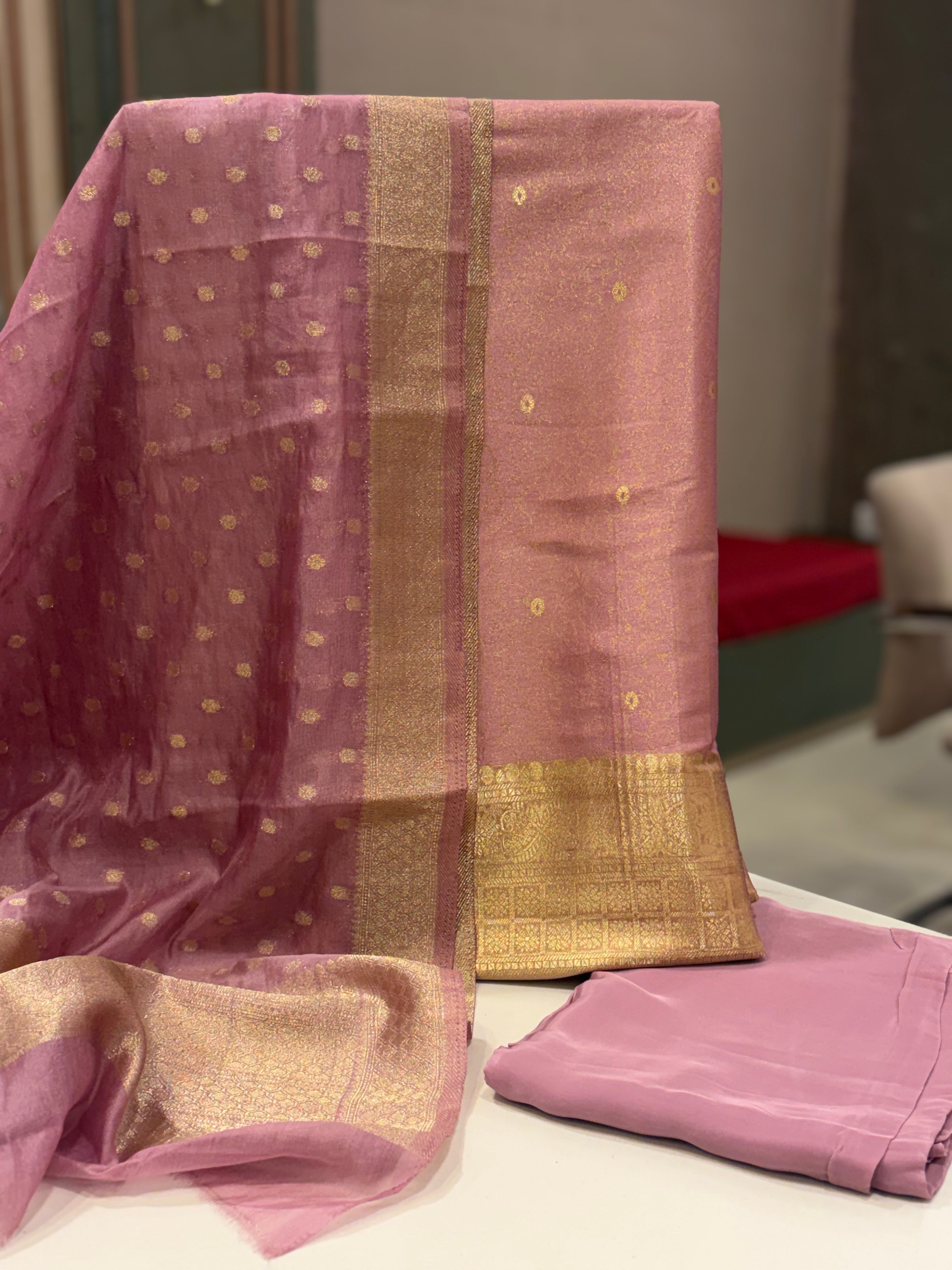Pure Tanchoi Silk Suit Set with Handwoven Banarasi Dupatta – Dusty Rose Elegance