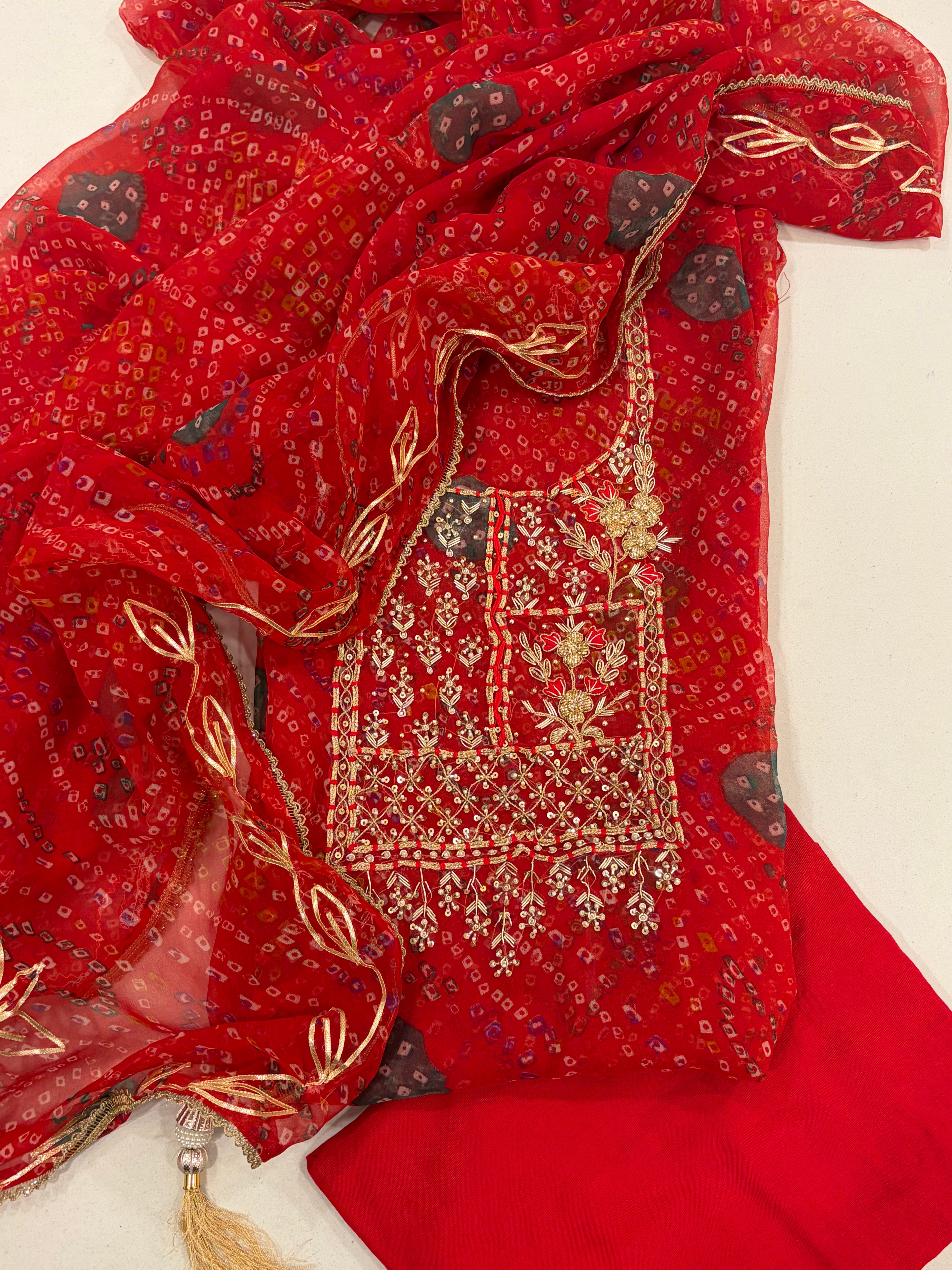 Festive Bandhani Gota Patti Suit Set – Timeless Teej Elegance