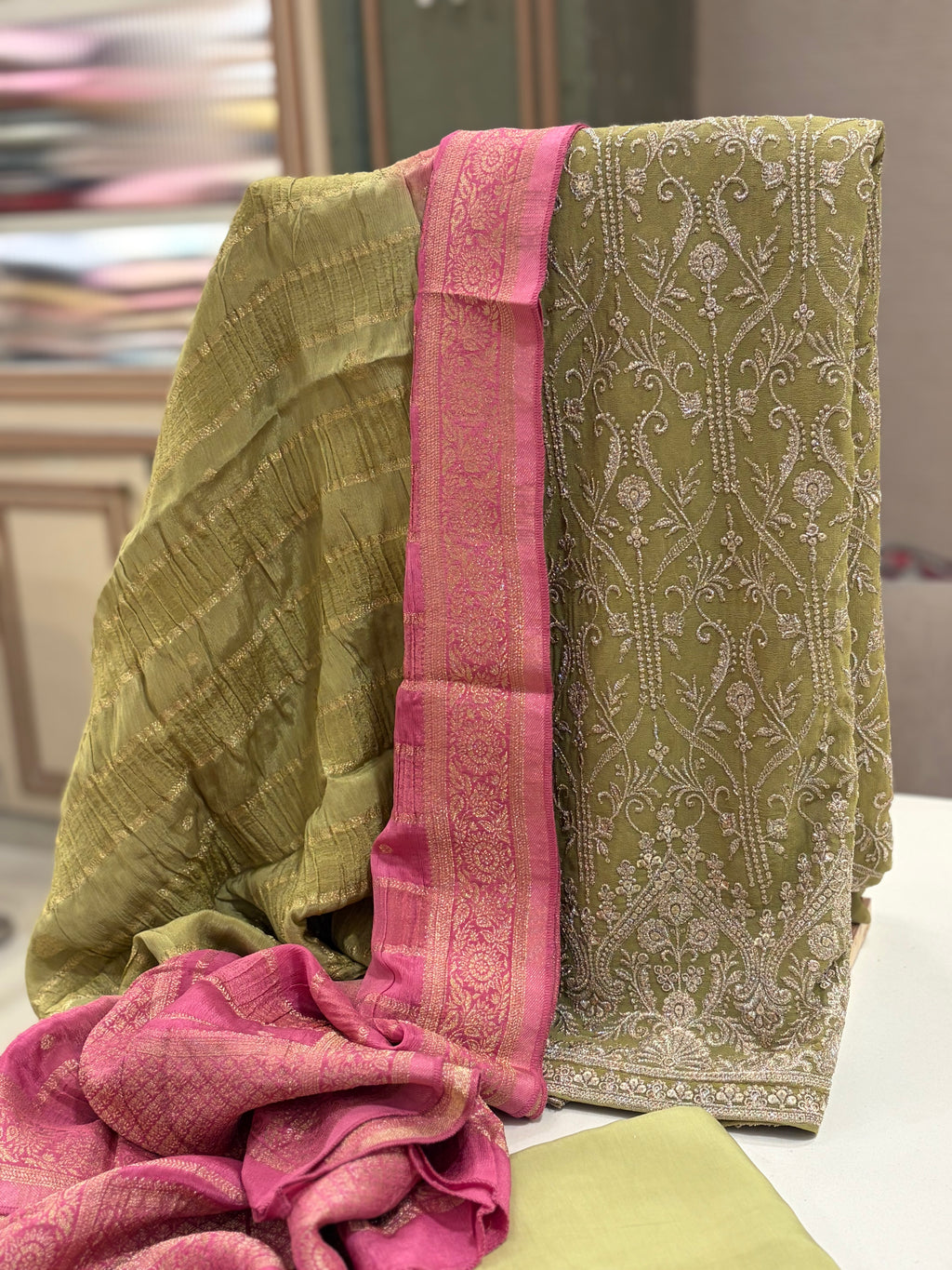 Olive Green Georgette Aari Work Suit Set with Banarasi Shaded Dupatta