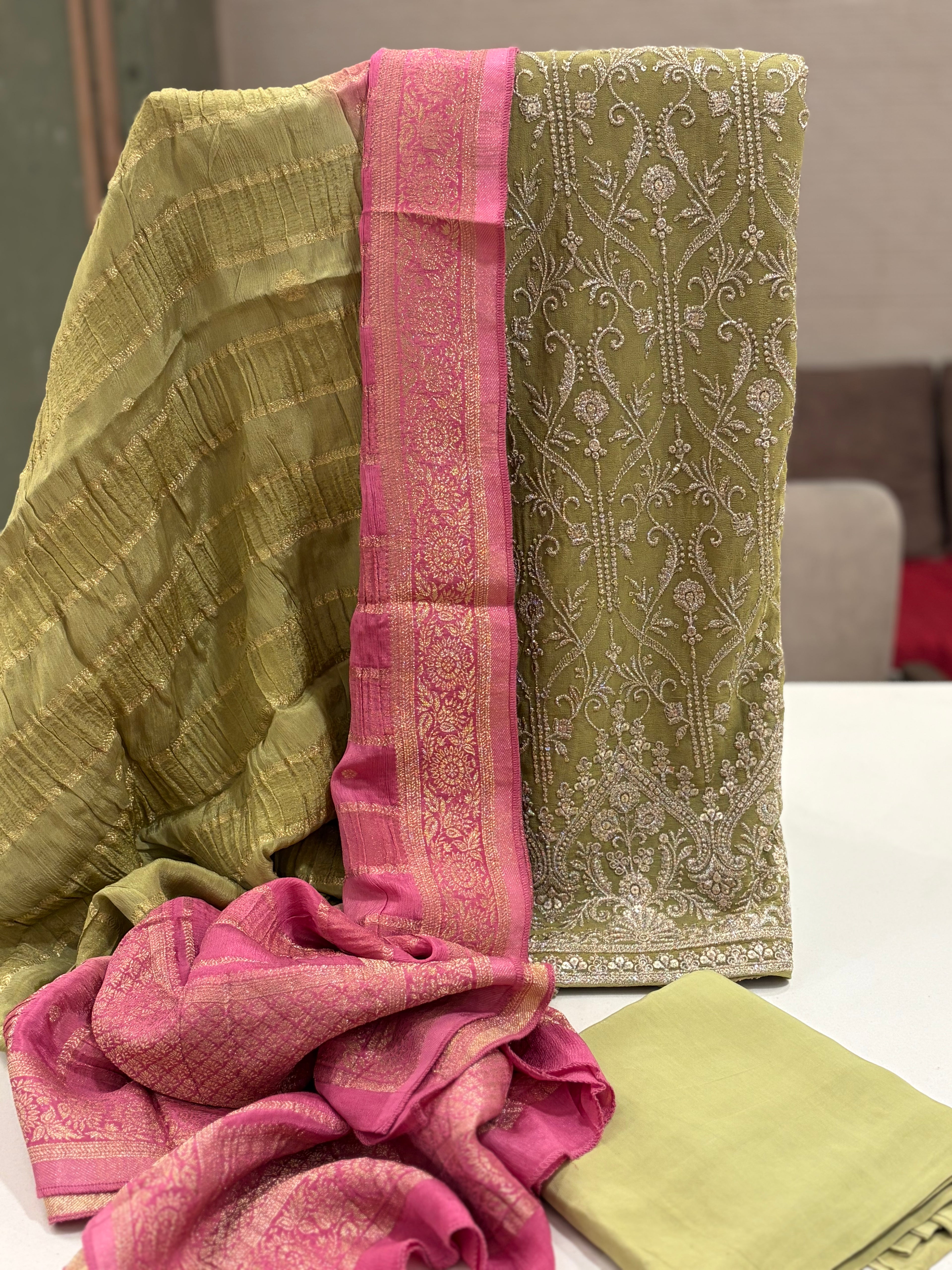 Olive Green Georgette Aari Work Suit Set with Banarasi Shaded Dupatta