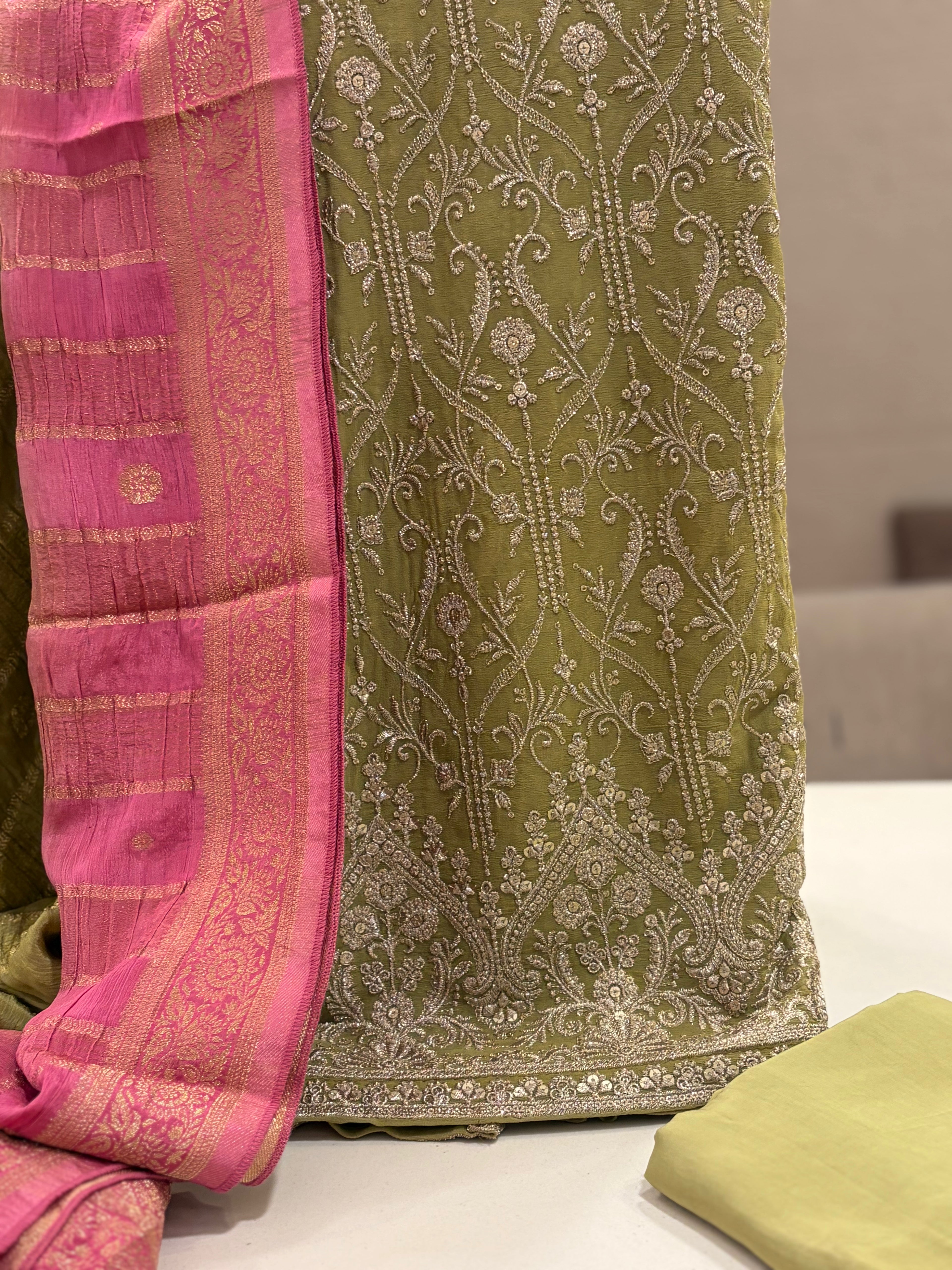 Olive Green Georgette Aari Work Suit Set with Banarasi Shaded Dupatta