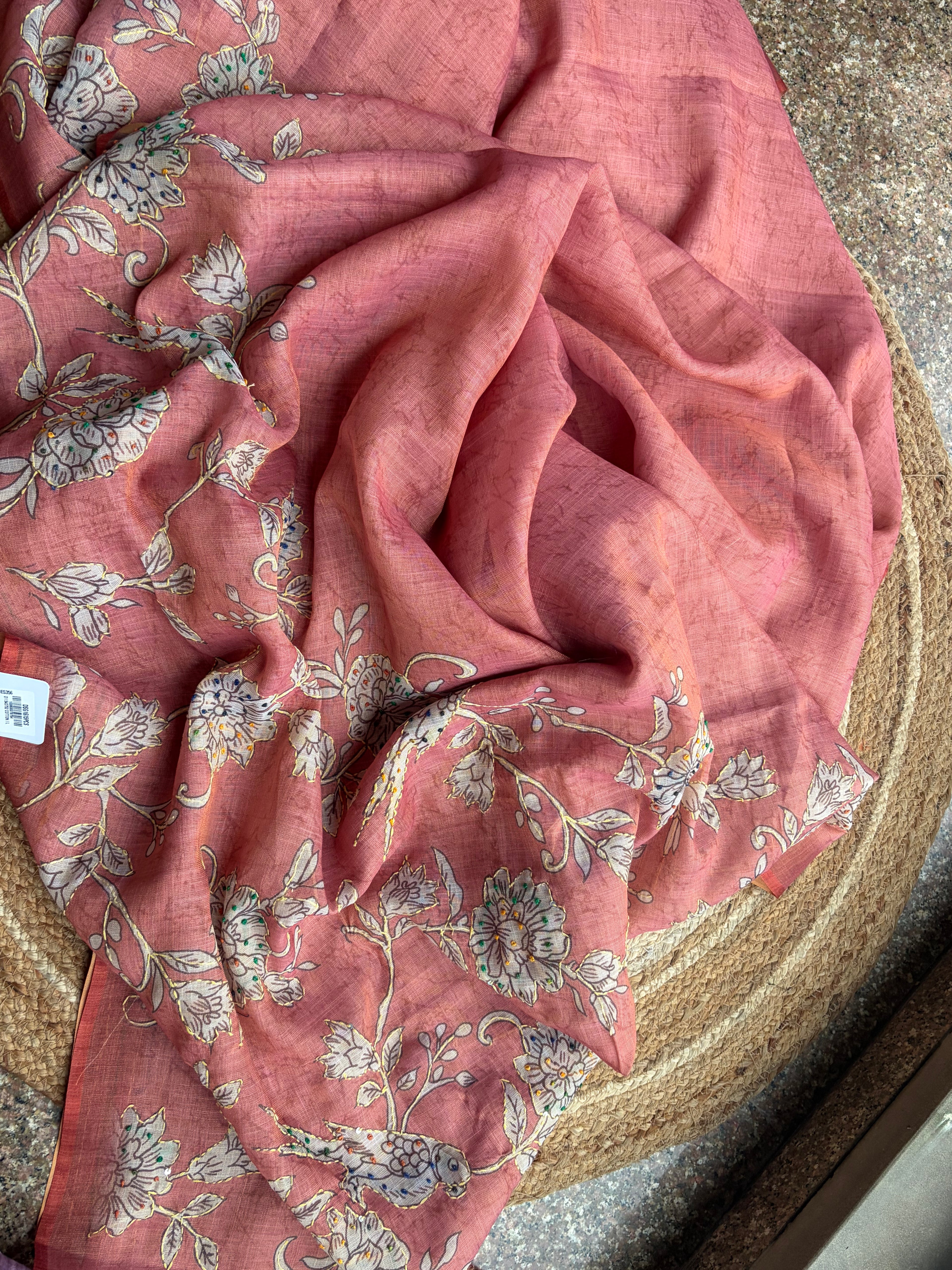 Linen Maheshwari Saree with Intricate Kantha Embroidery