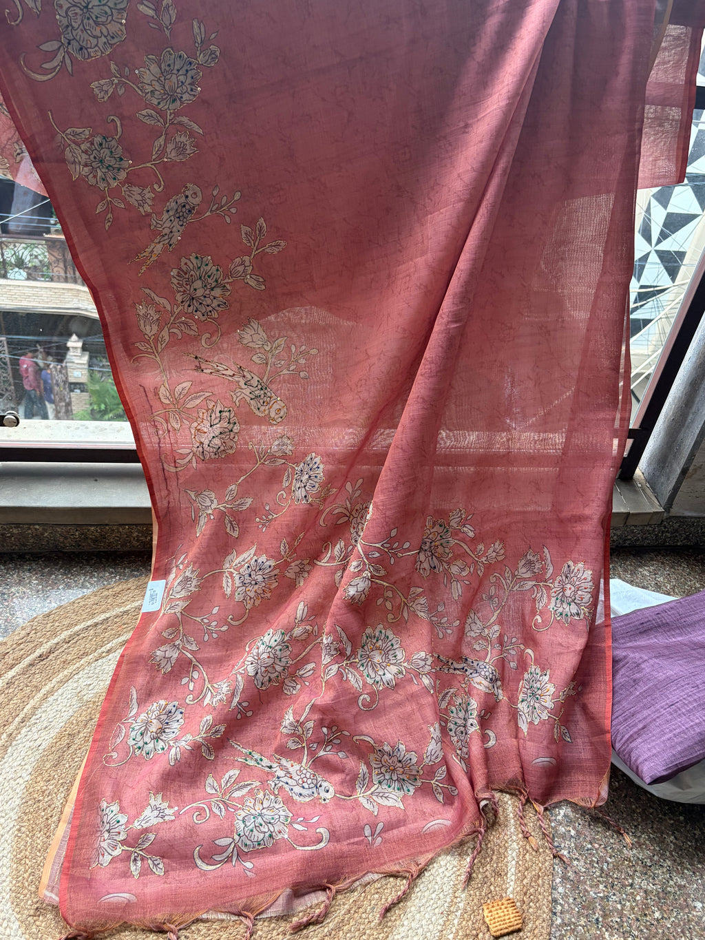 Linen Maheshwari Saree with Intricate Kantha Embroidery