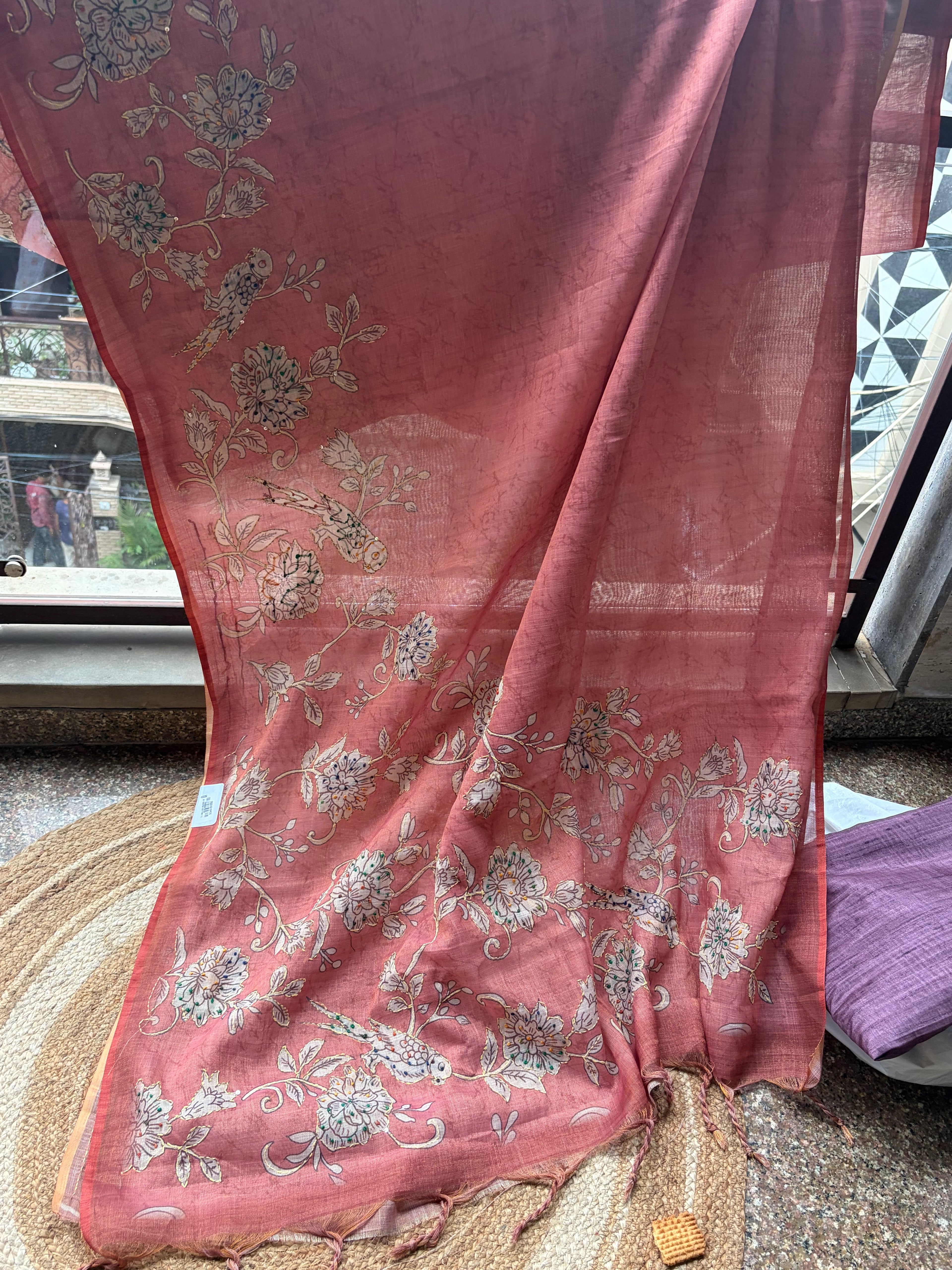 Linen Maheshwari Saree with Intricate Kantha Embroidery