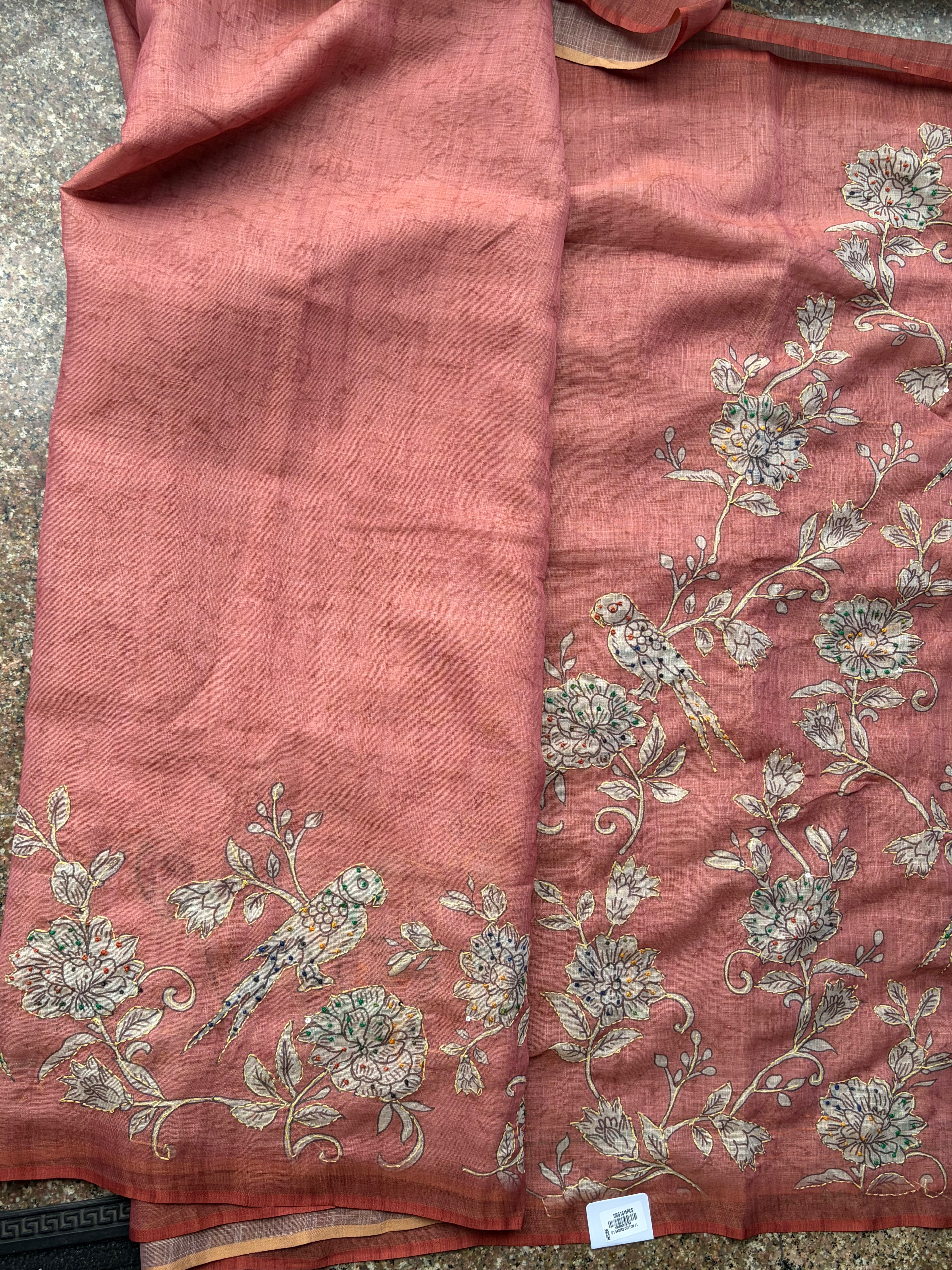 Linen Maheshwari Saree with Intricate Kantha Embroidery