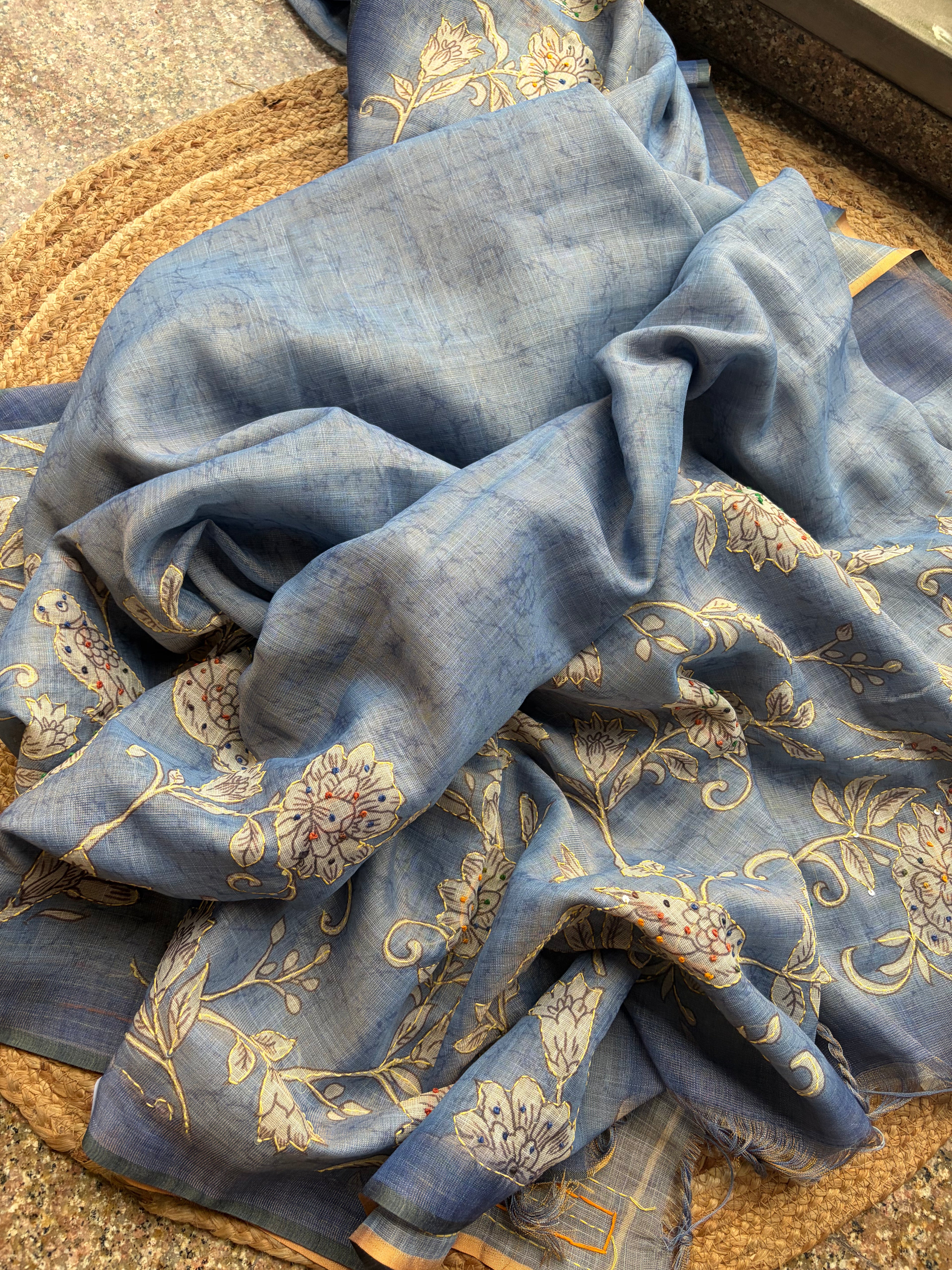 Linen Maheshwari Saree with Intricate Kantha Embroidery