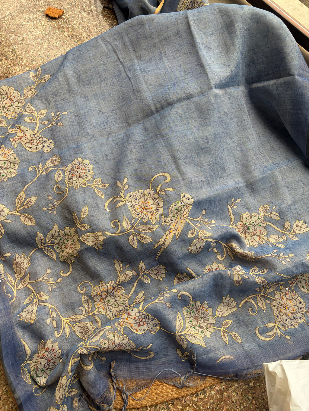 Linen Maheshwari Saree with Intricate Kantha Embroidery