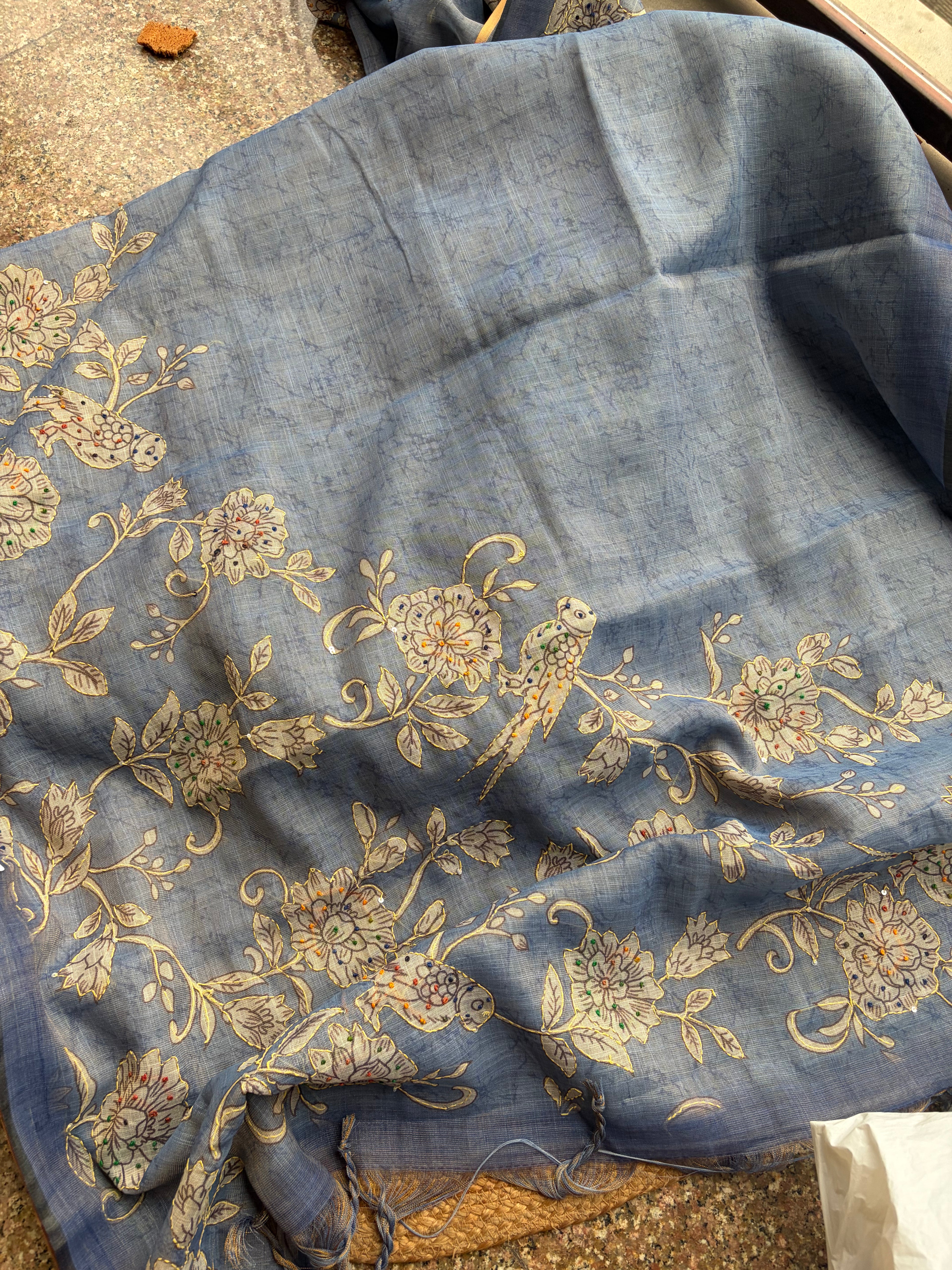 Linen Maheshwari Saree with Intricate Kantha Embroidery