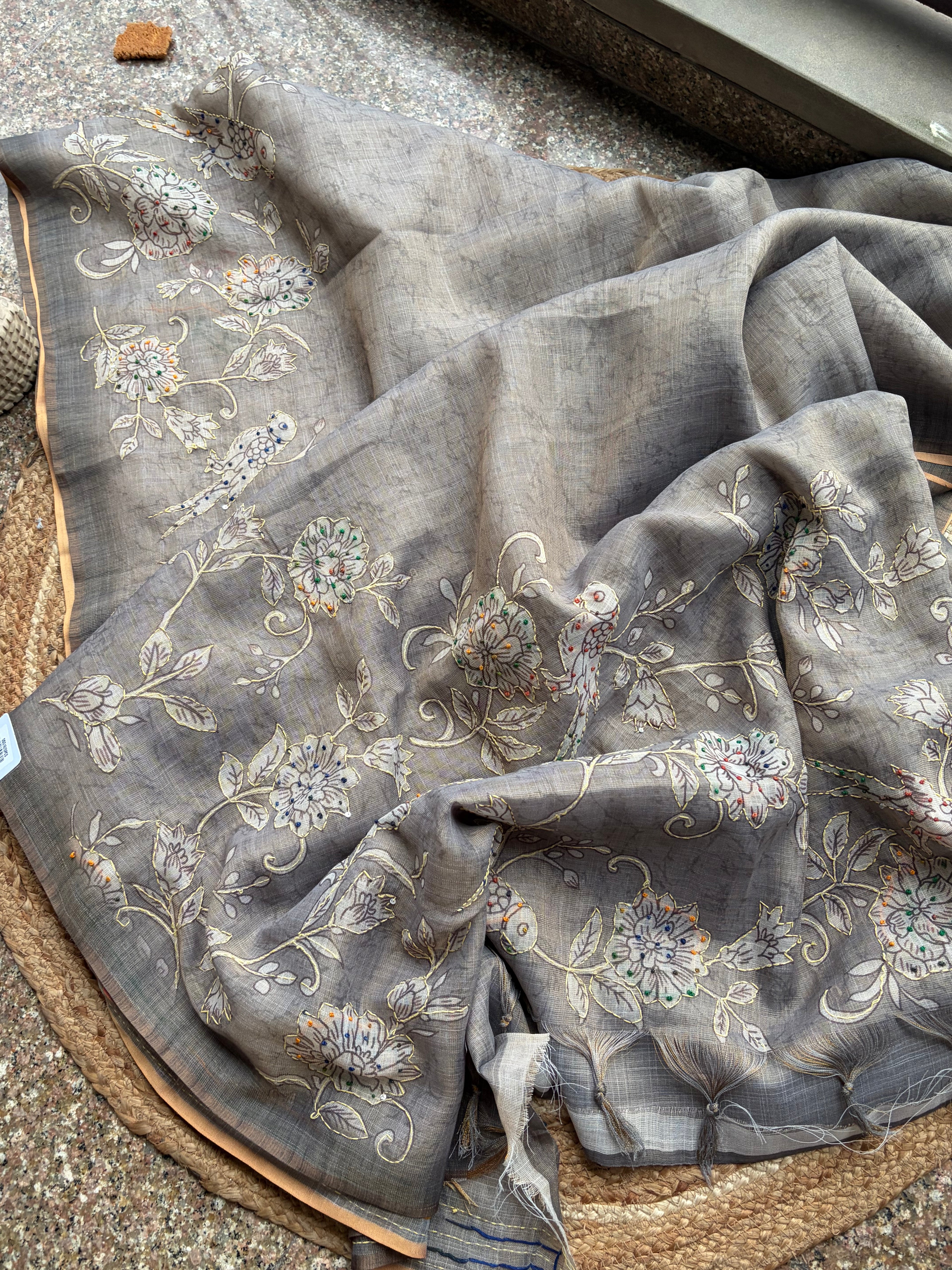 Linen Maheshwari Saree with Intricate Kantha Embroidery