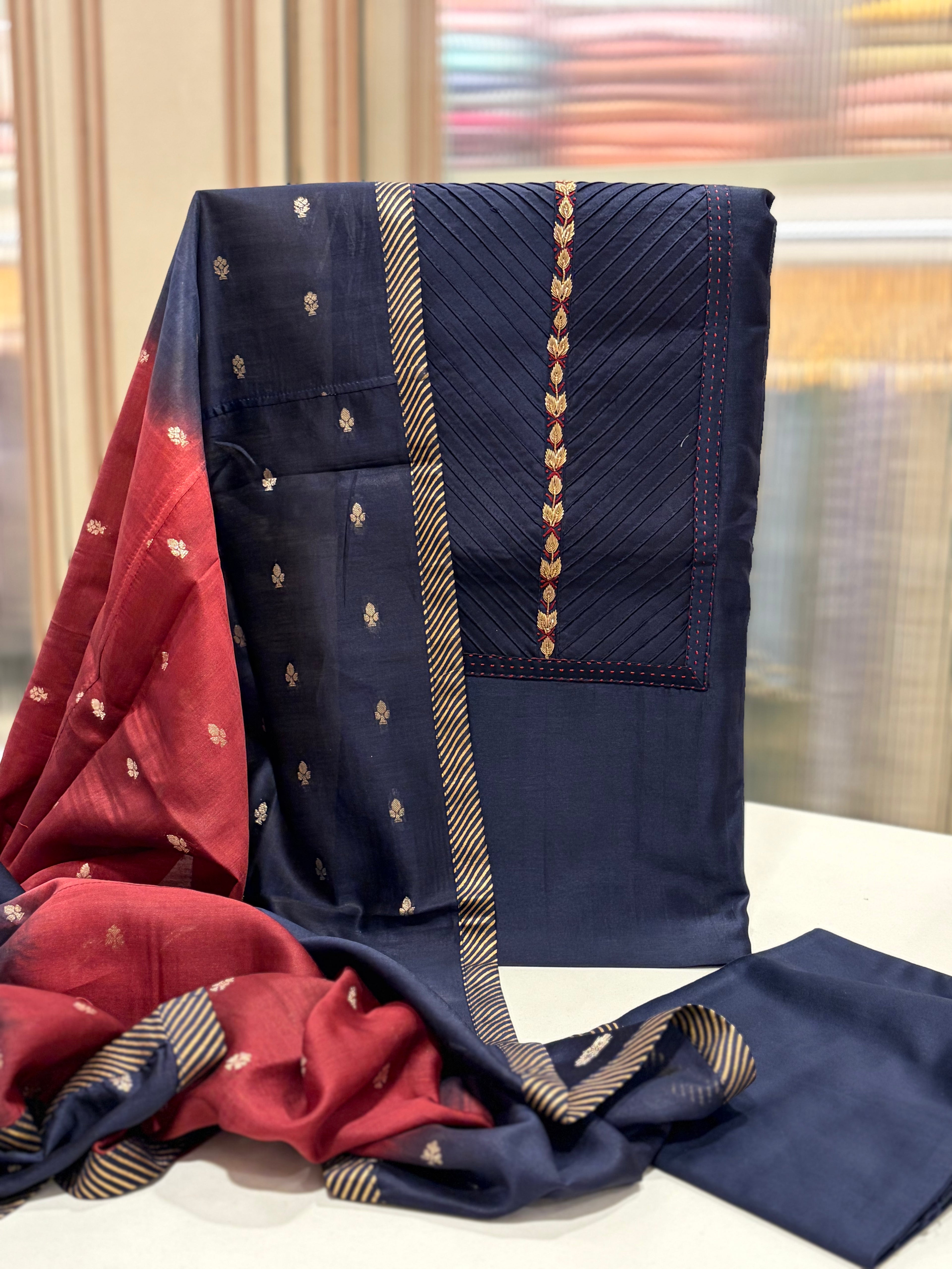 Premium Pure Maheshwari Suit Set with Designer Banarasi Dupatta