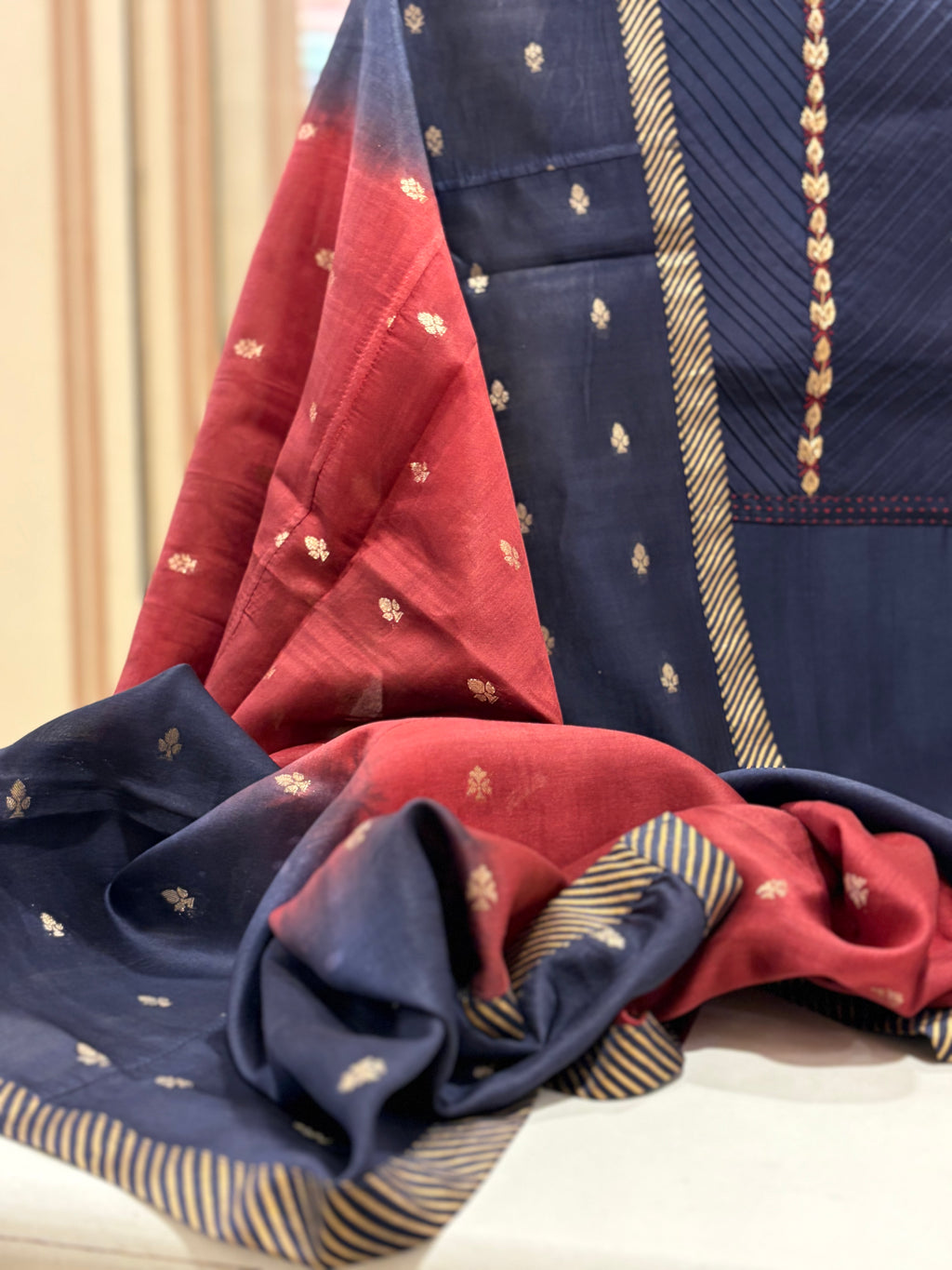 Premium Pure Maheshwari Suit Set with Designer Banarasi Dupatta