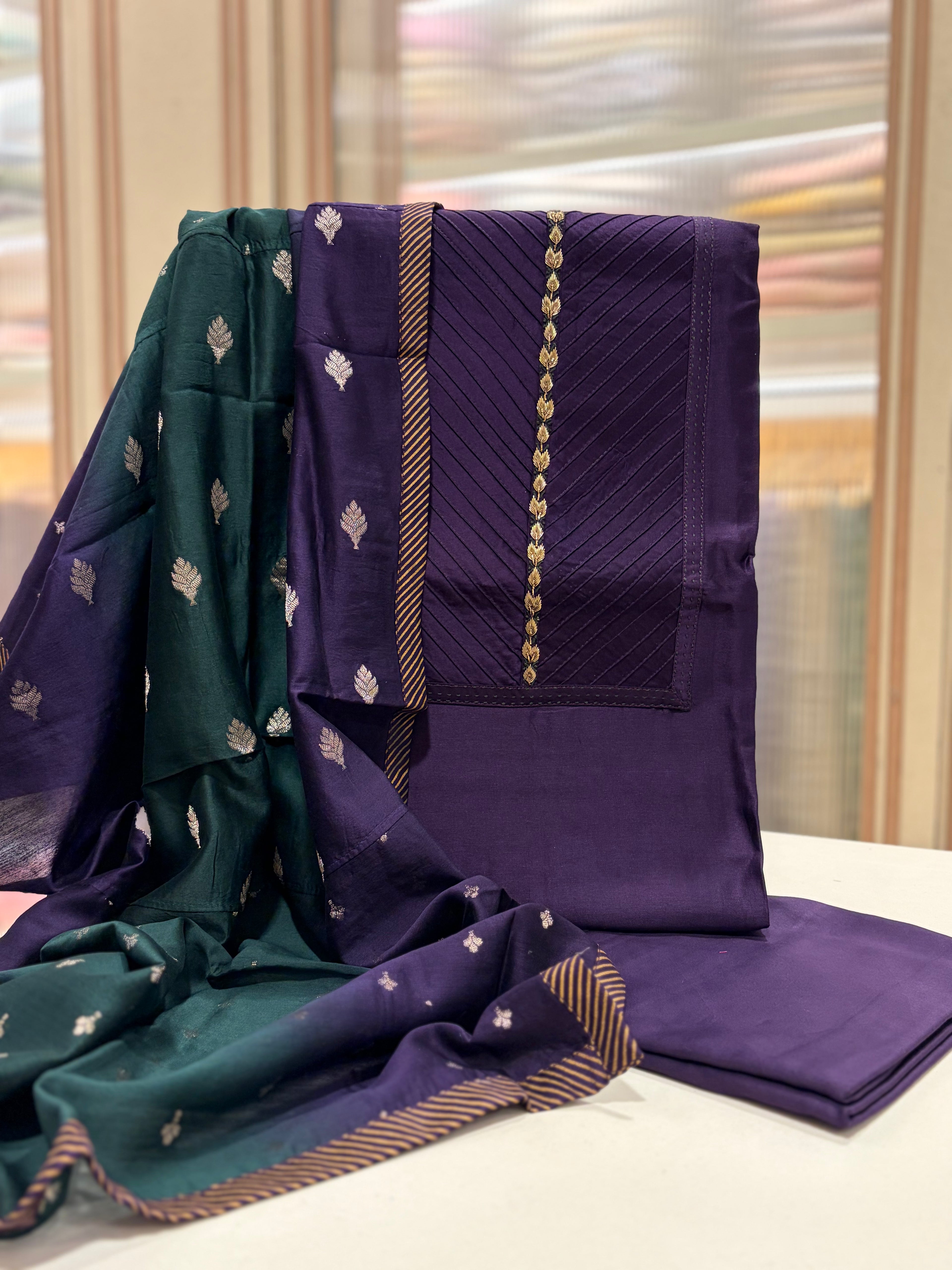 Premium Pure Maheshwari Suit Set with Designer Banarasi Dupatta