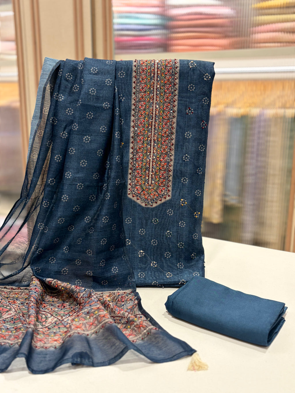 Soft Maheshwari Kantha & French Knot Embroidered Suit Set