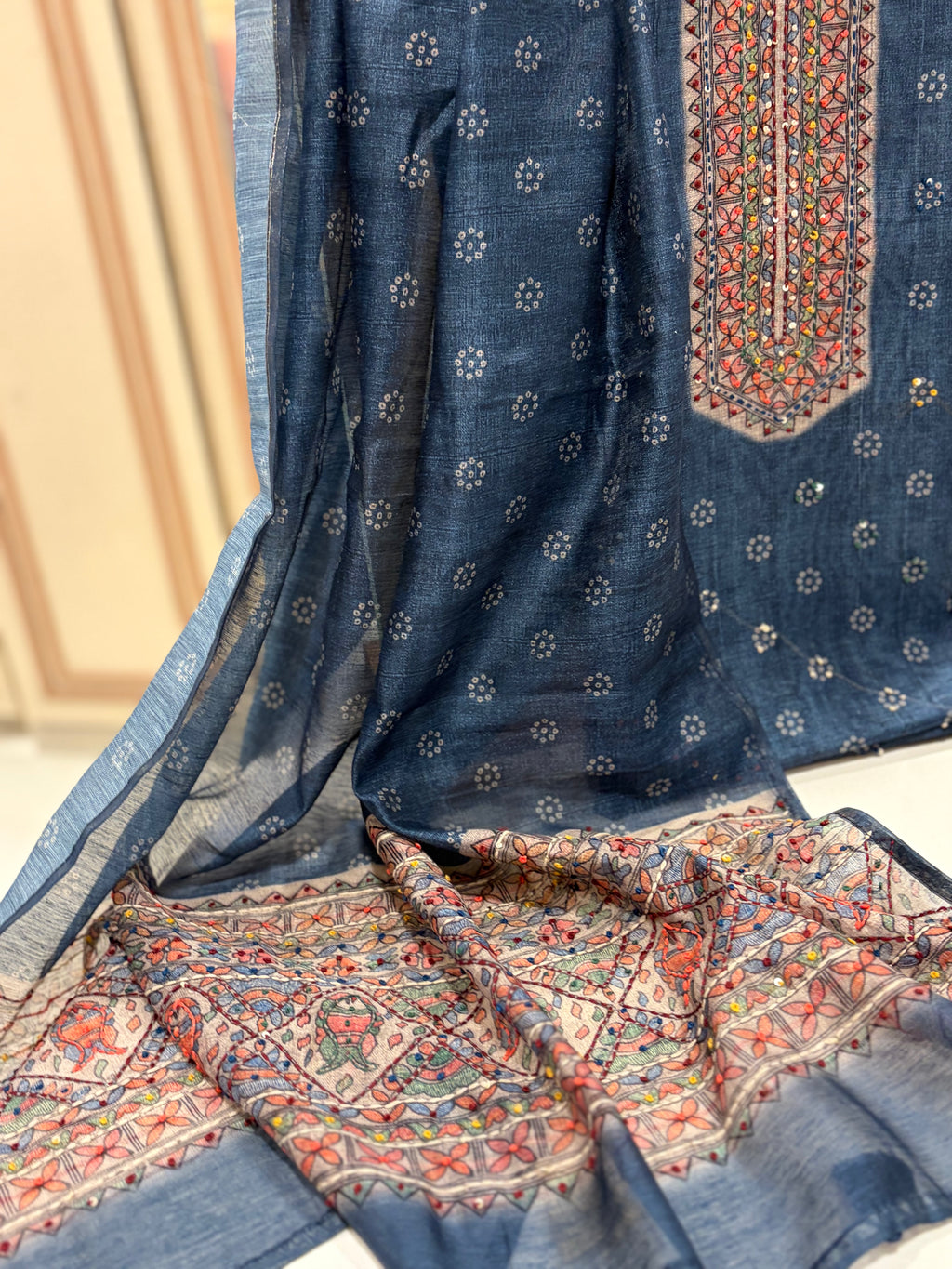 Soft Maheshwari Kantha & French Knot Embroidered Suit Set