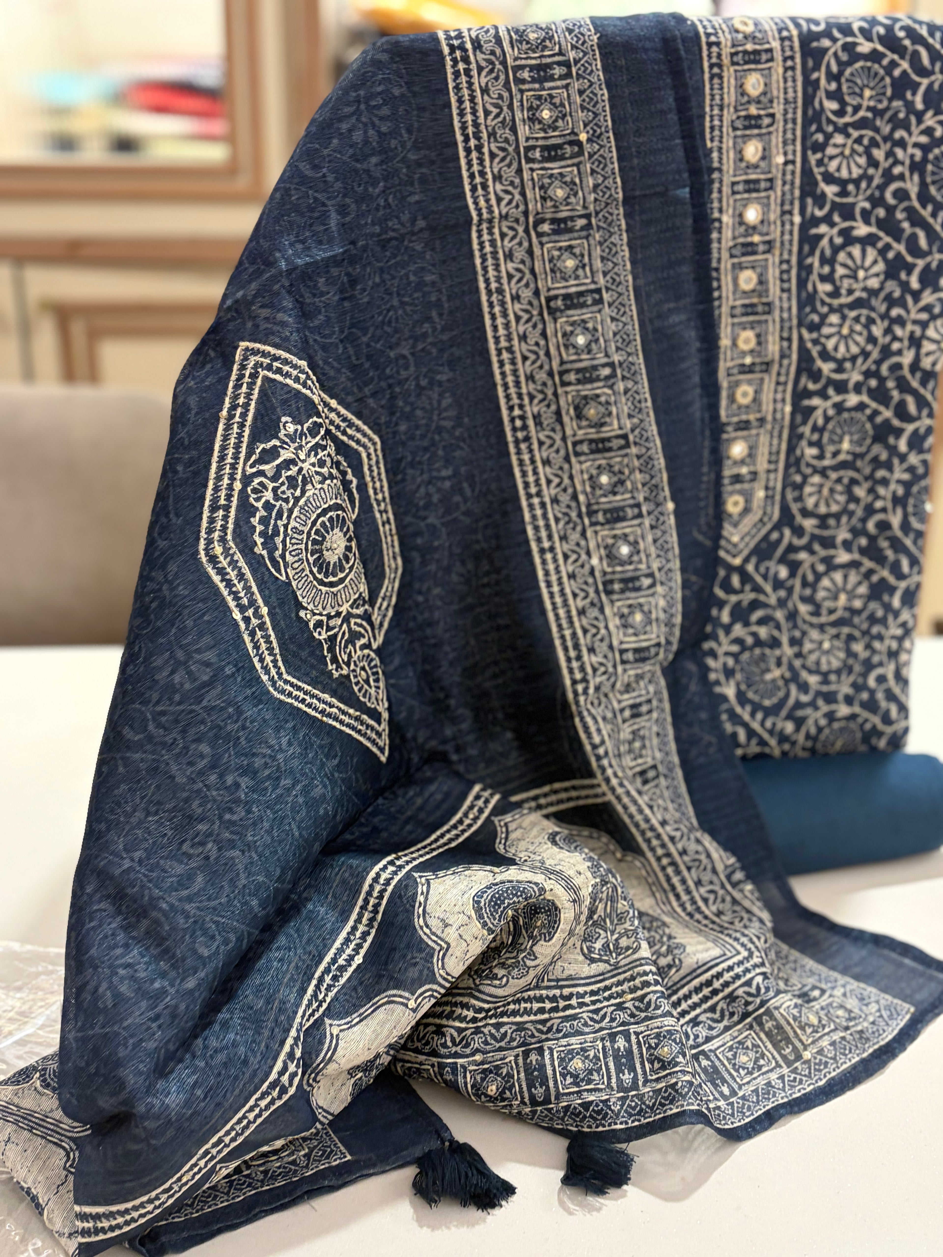 Premium Maheshwari Kantha Embroidered Unstitched Suit | Festive & Gifting Collection