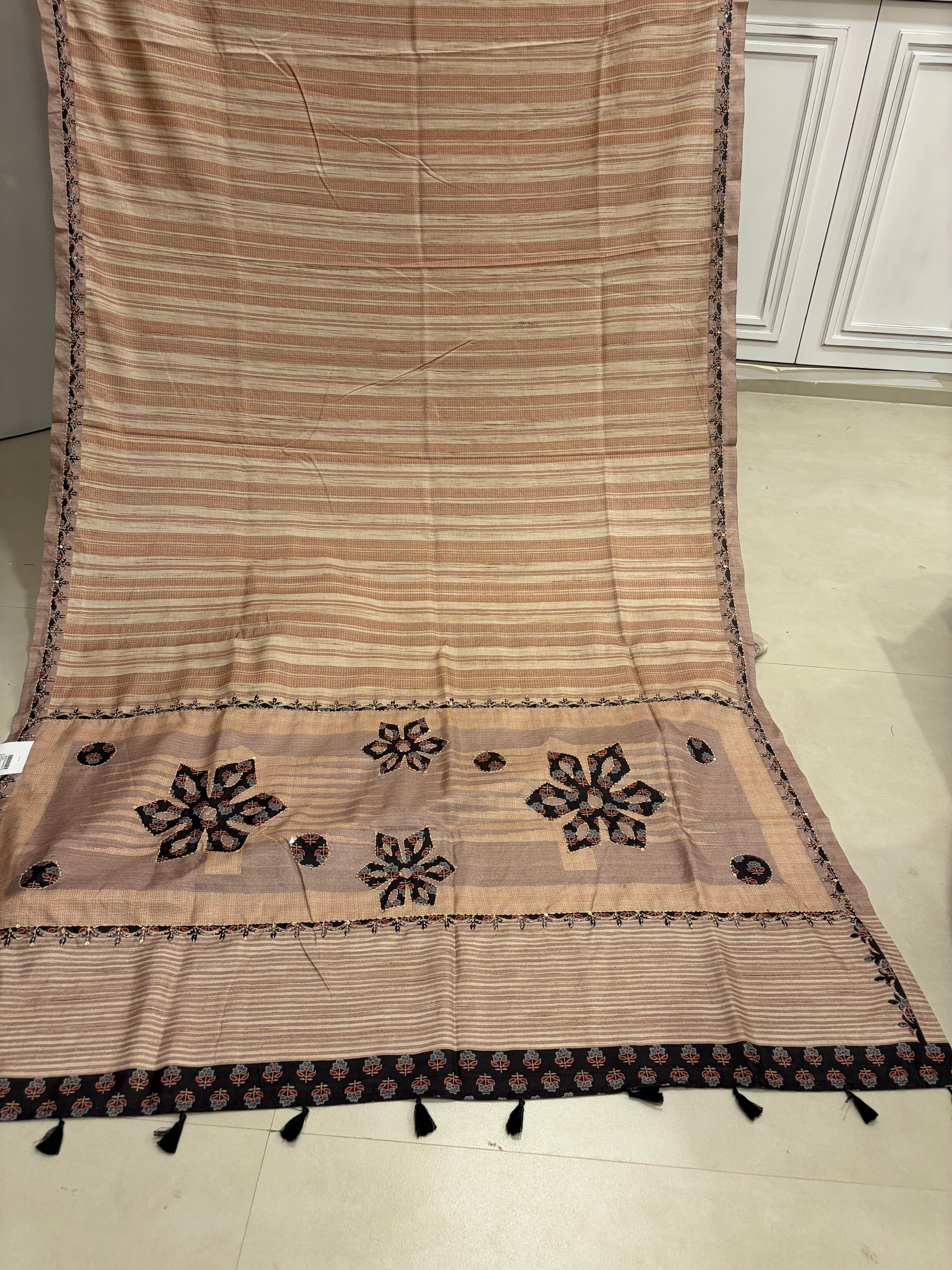 Soft Maheshwari Tussar Saree with Ajrakh Appliqué & Designer Blouse