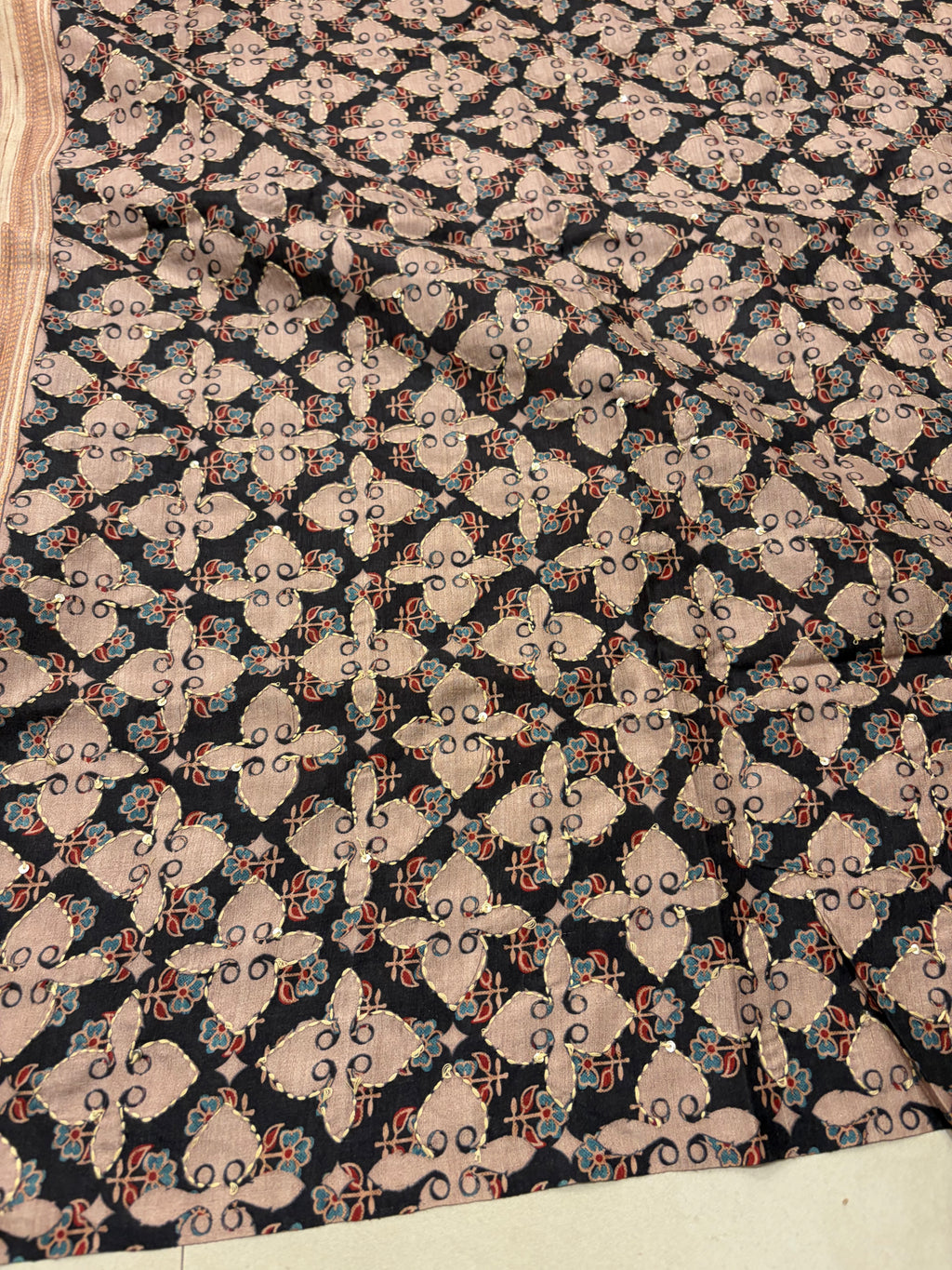 Soft Maheshwari Tussar Saree with Ajrakh Appliqué & Designer Blouse