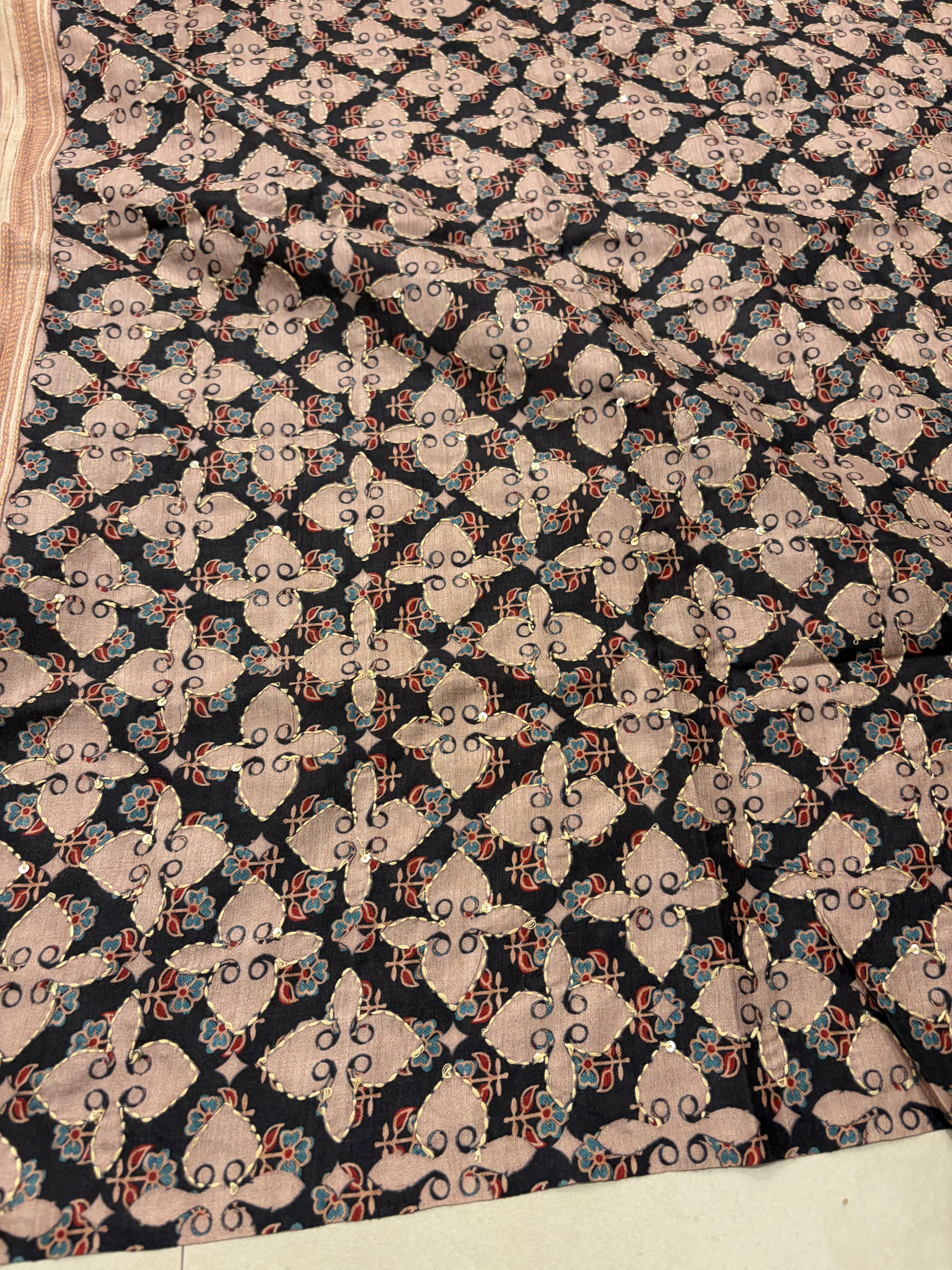 Soft Maheshwari Tussar Saree with Ajrakh Appliqué & Designer Blouse